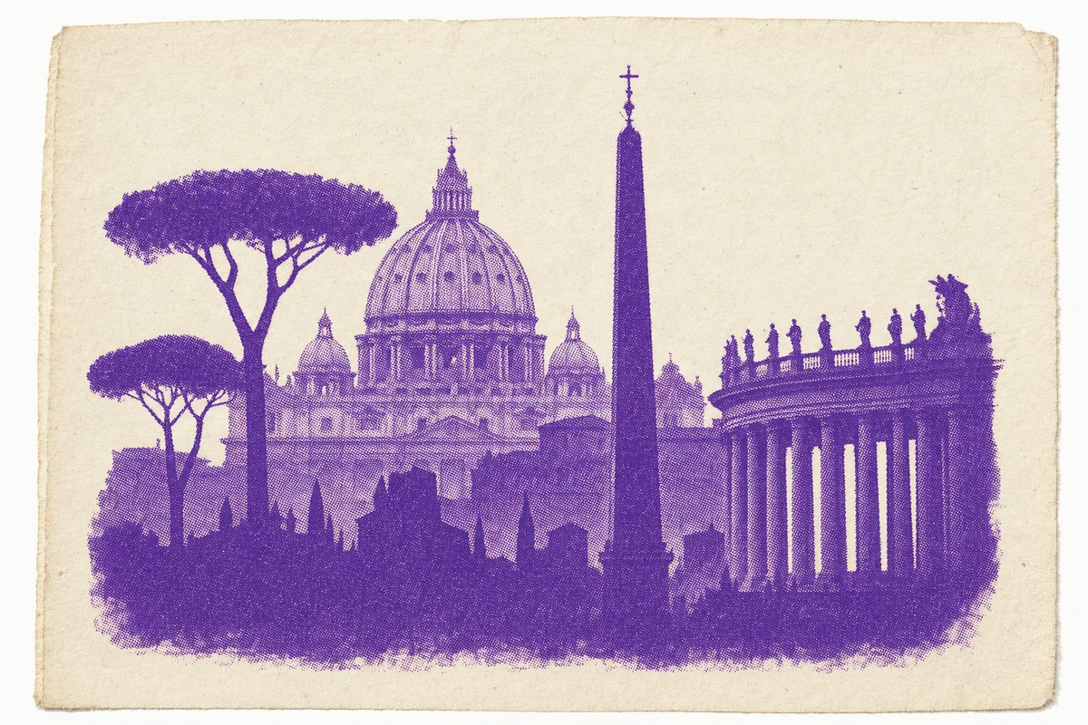 Impresión a una tinta de un perfil de Roma: una cúpula, un obelisco y pinos piñoneros recortados contra el cielo.