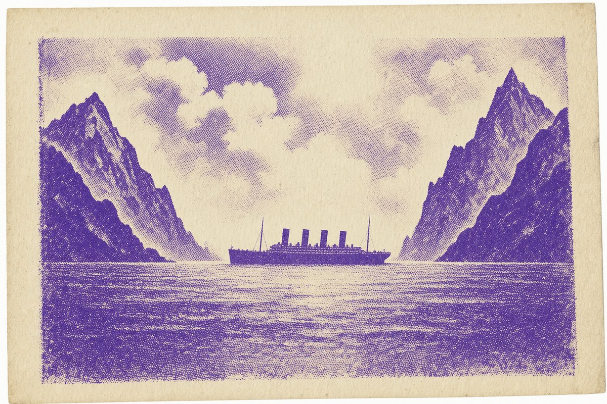 Impresión a una tinta de un transatlántico cruzando entre dos costas montañosas que se miran a través del mar abierto.