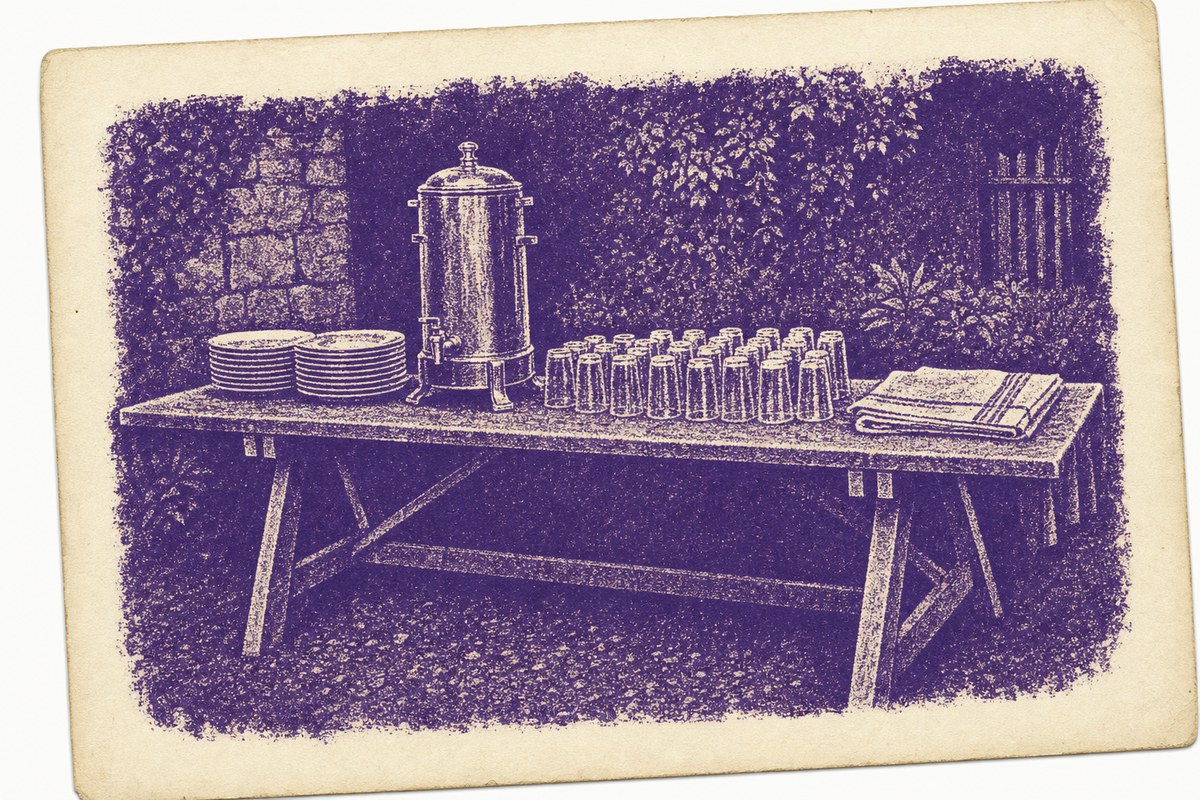 Impresión a una tinta de una mesa de caballetes al aire libre con platos apilados, un termo de café, vasos boca abajo y un paño doblado.