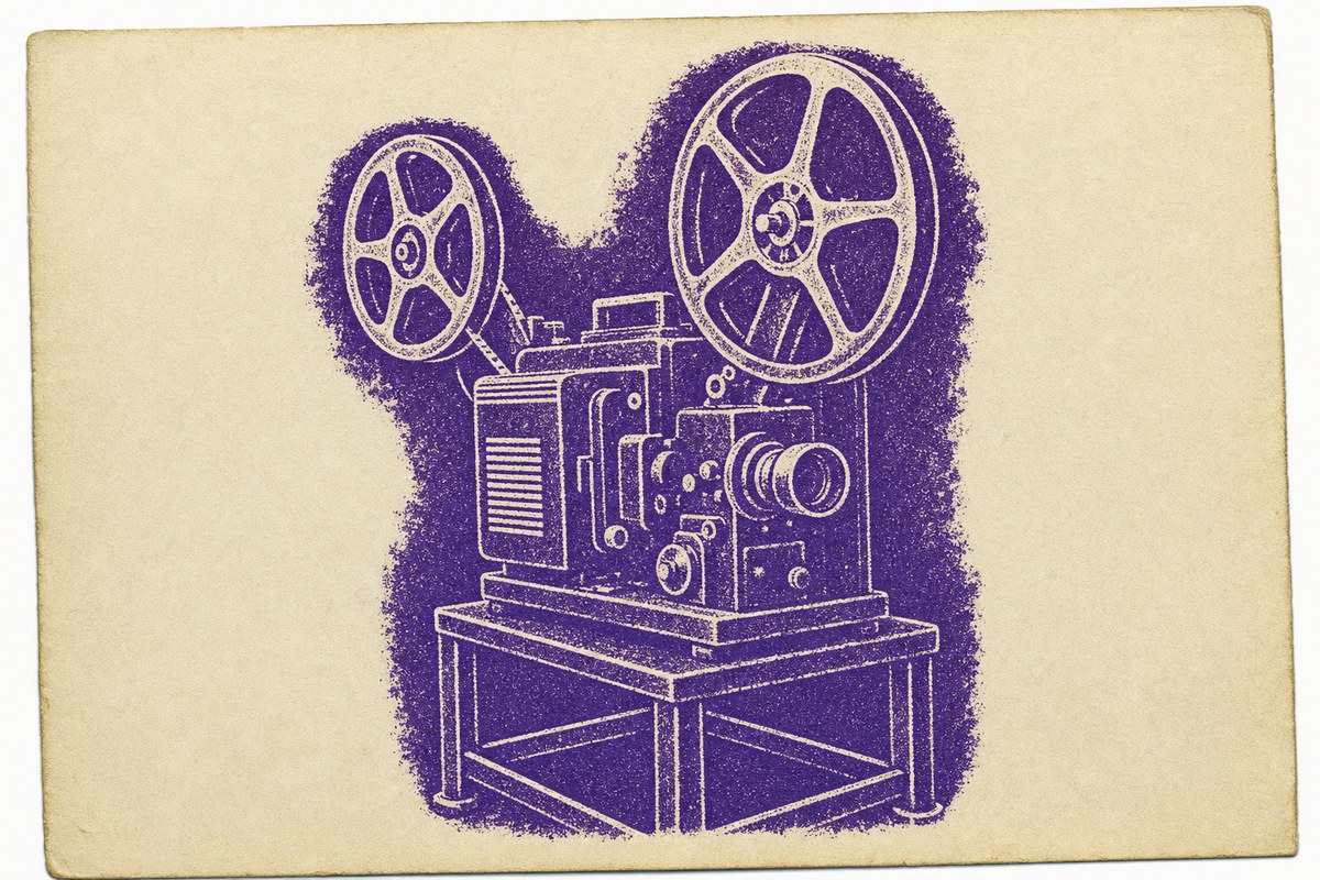 Impresión a una tinta de un proyector de cine de dos bobinas sobre un soporte metálico, visto de tres cuartos.