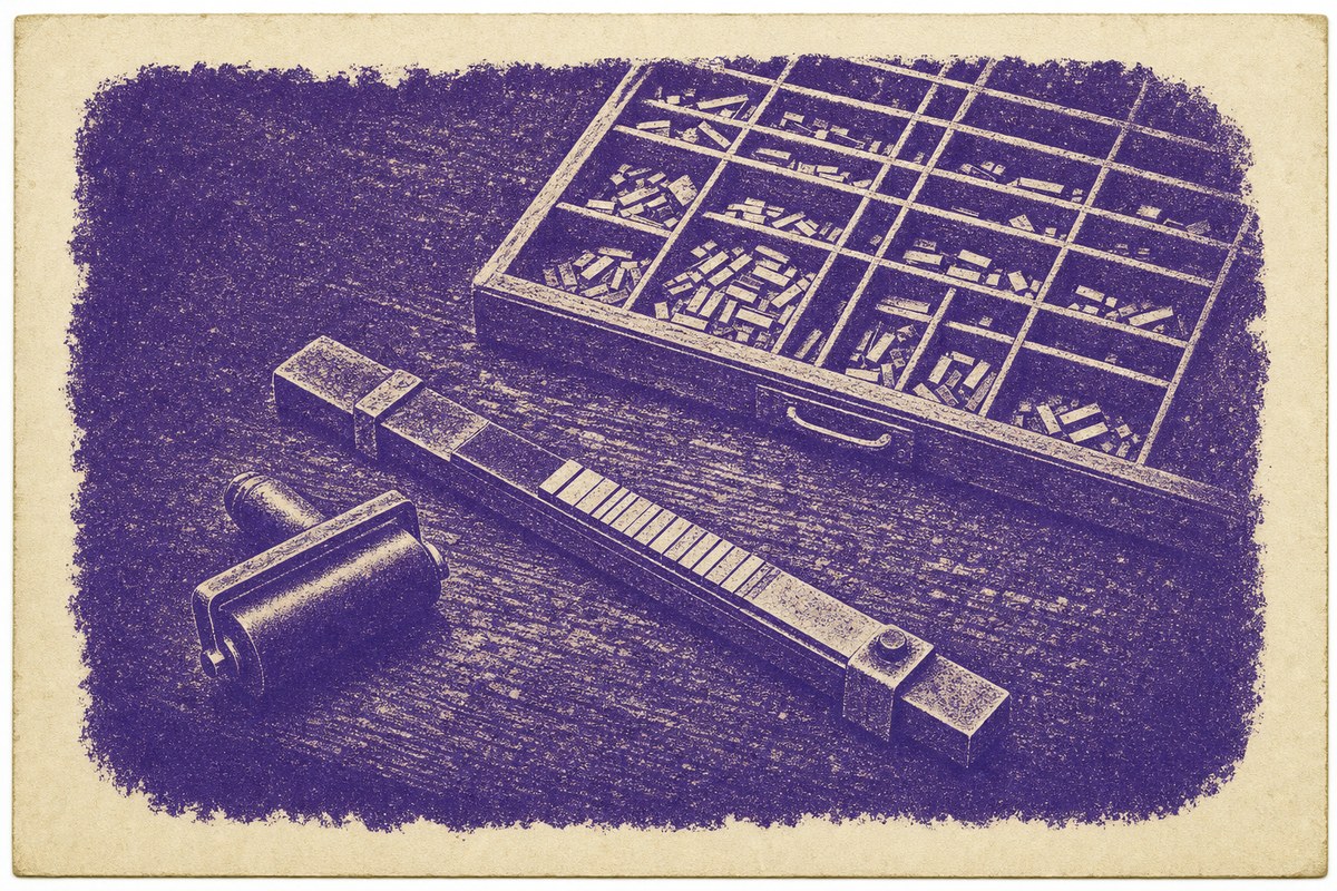Impresión a una tinta de un componedor tipográfico y un rodillo de entintar sobre un banco de madera, junto a una caja de tipos sueltos.