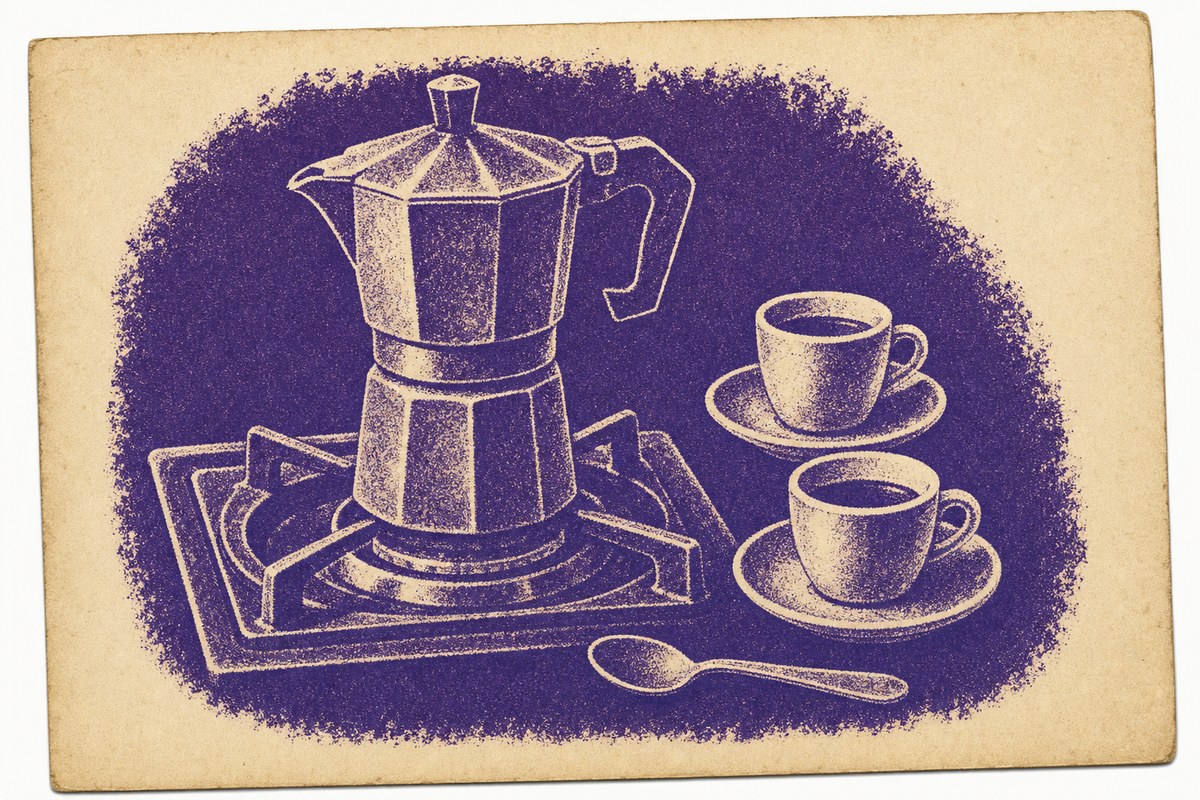 Impresión a una tinta de una cafetera moka sobre el fuego, con dos tazas en sus platillos y una cuchara al lado.