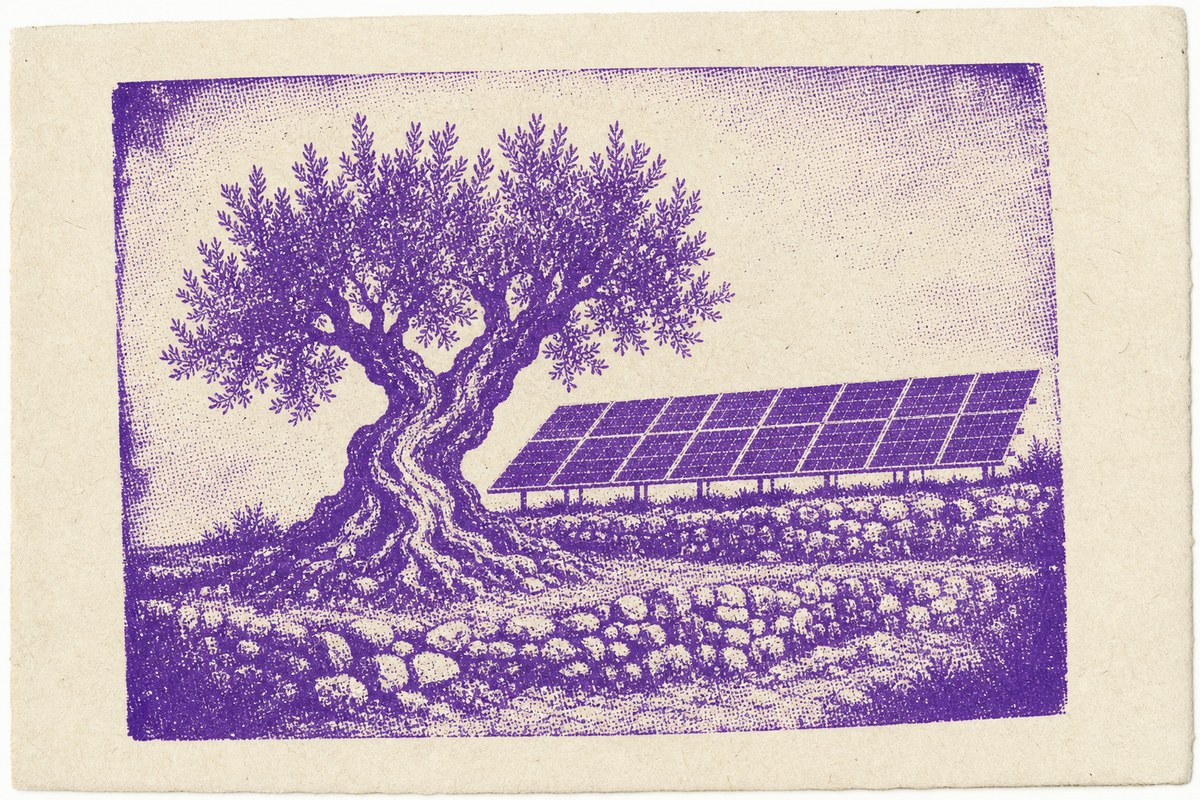 Impresión a una tinta de un olivo de tronco retorcido junto a una hilera de paneles solares en terreno aterrazado.