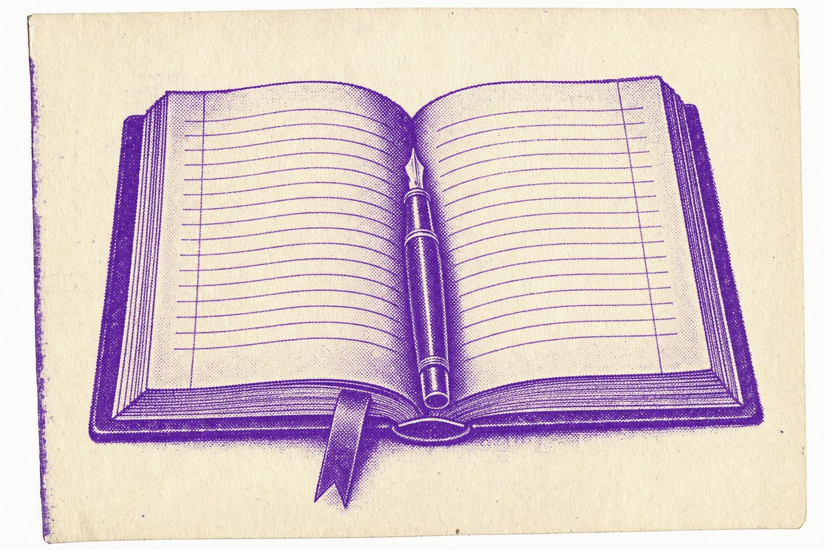 Impresión a una tinta de un libro de registro abierto con renglones en blanco, una pluma apoyada en el lomo y una cinta marcadora.