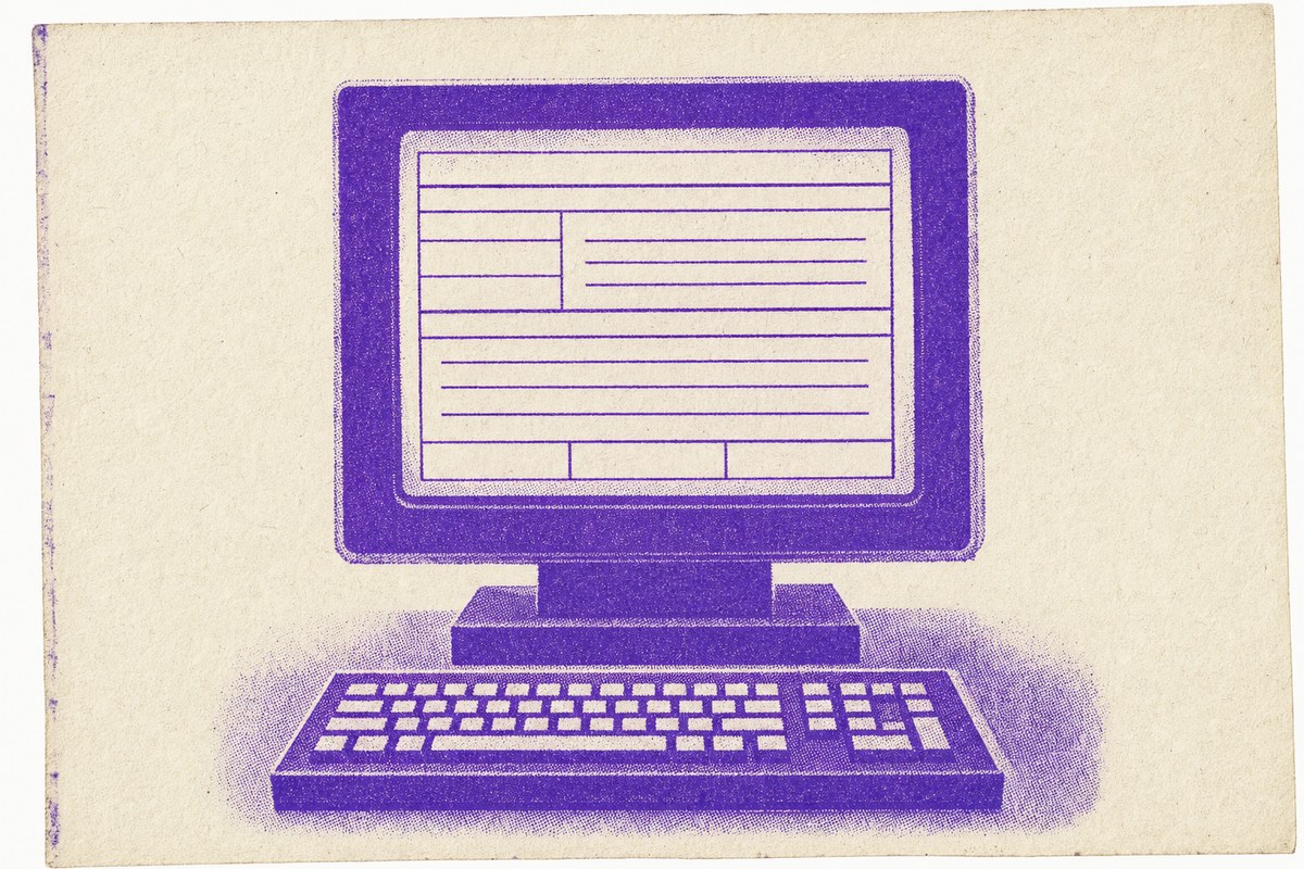 Impresión a una tinta de un monitor de escritorio con un formulario vacío en pantalla y un teclado sobre la mesa.
