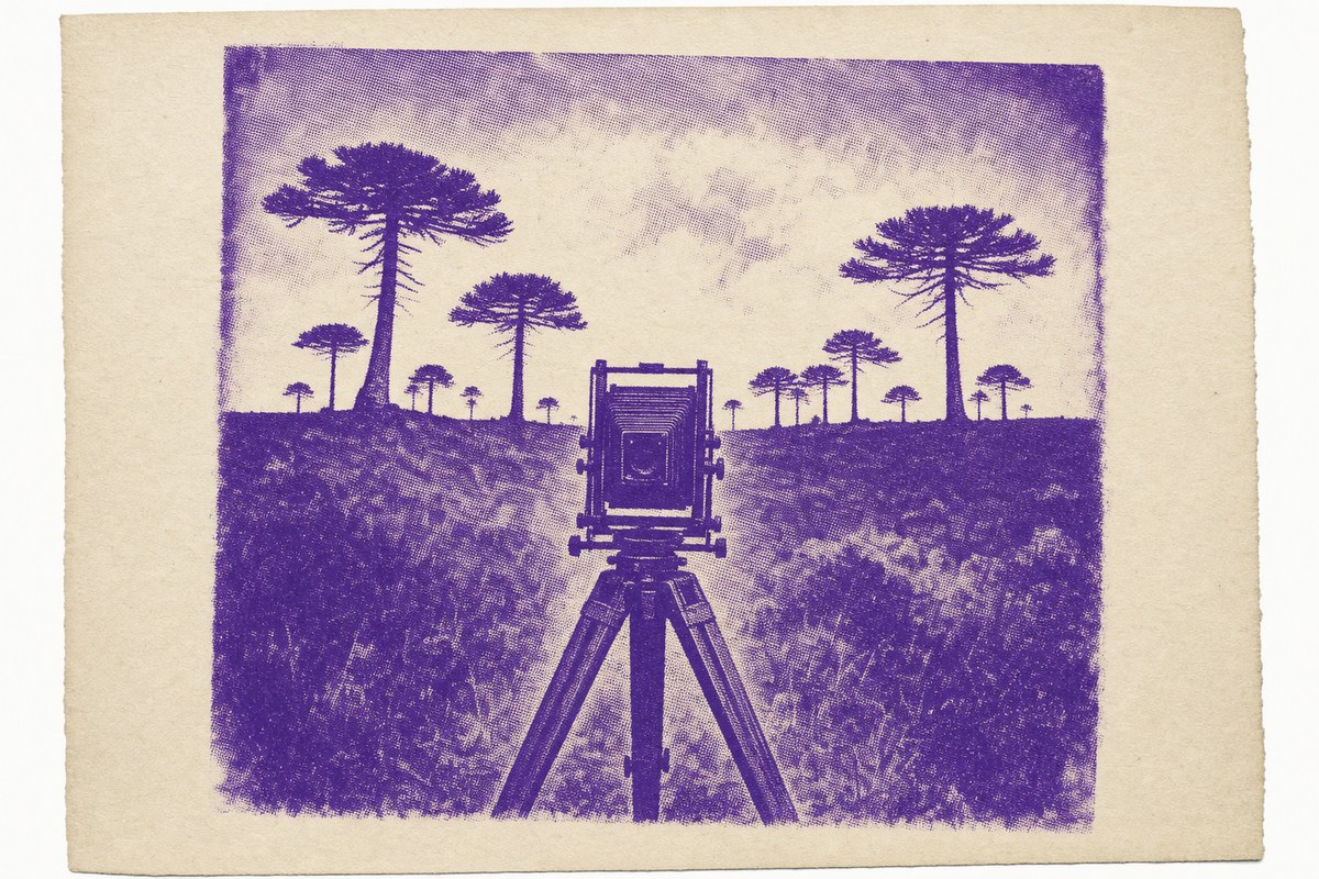 Impresión a una tinta de una cámara de placas sobre un trípode de madera frente a una hilera de araucarias en una loma.