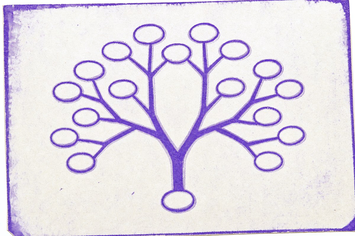 Impresión a una tinta de un árbol genealógico trazado con líneas desnudas y hojas ovaladas en blanco en los extremos.